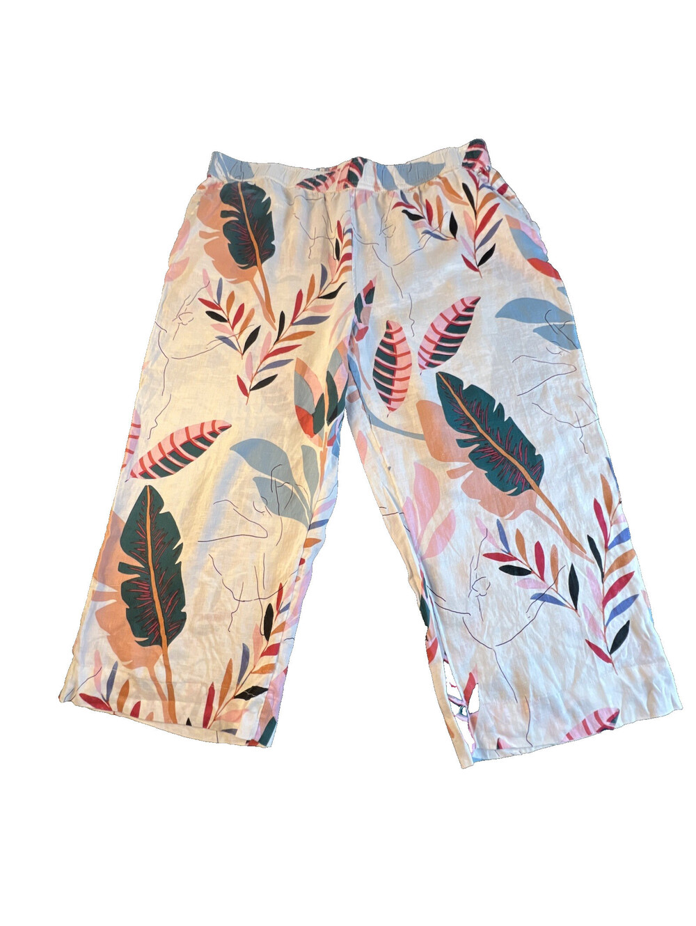 Cynthia Rowley 100% Linen Wide Leg Pants 3X Tropical Print Crop Pockets‎ Boho